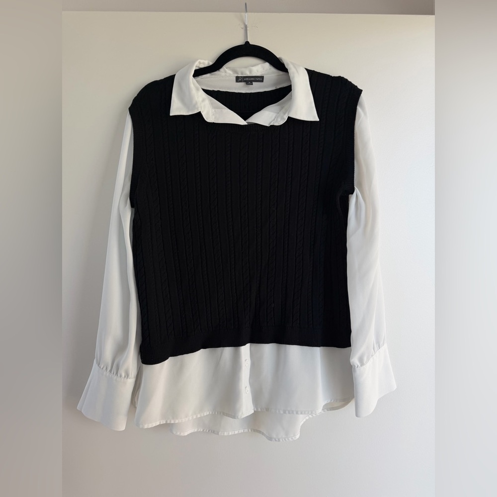 ADRIANNA PAPELL Twofer Cabel Knit Button Up Top
